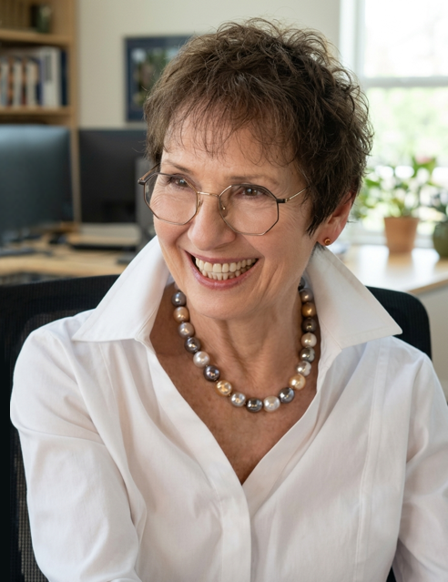 Agnes Mura smiling in a bright office